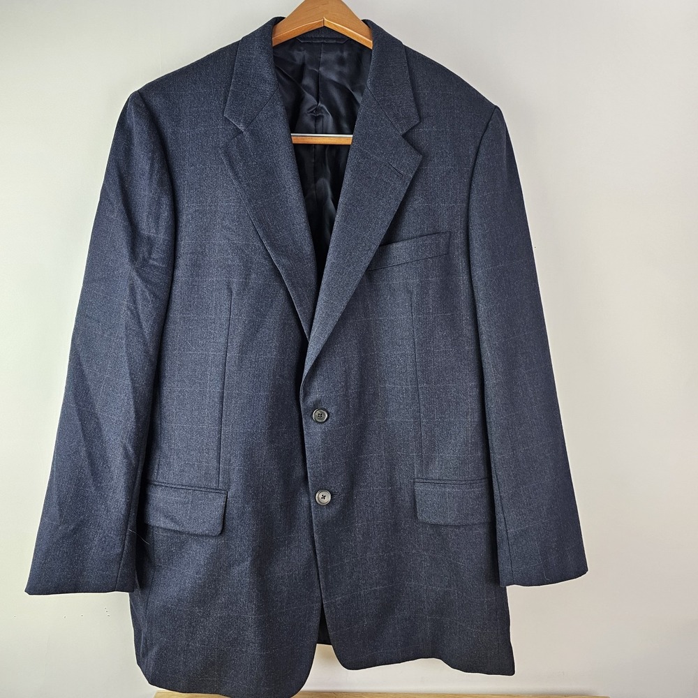 Hickey Freeman‎ Men's Bespoke 100% Wool Blazer Navy Blue Windowpane Plaid 46L